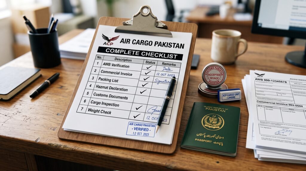 Shipper preparing export documents for air cargo shipping from Pakistan