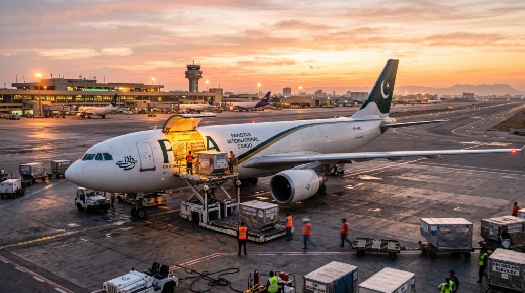 Air freight paperwork including AWB and invoice for cargo shipping from Pakistan